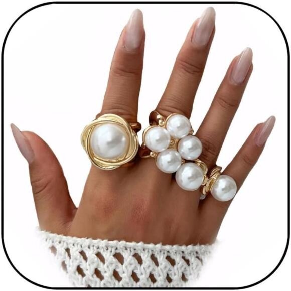 Chunky Adjustable Gold Rings | Pearl Accent Thick Statement Rings - Picture 2 of 6